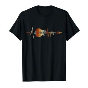 Retro Heartbeat Guitar T-Shirt Golden Softstyle Crew Neck Black Size Medium New!